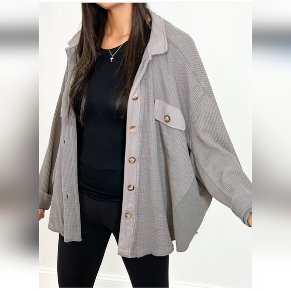 Shop Talulah Oversized Button Down Thermal Stone Washed Gray Shacket - Picture 2 of 11